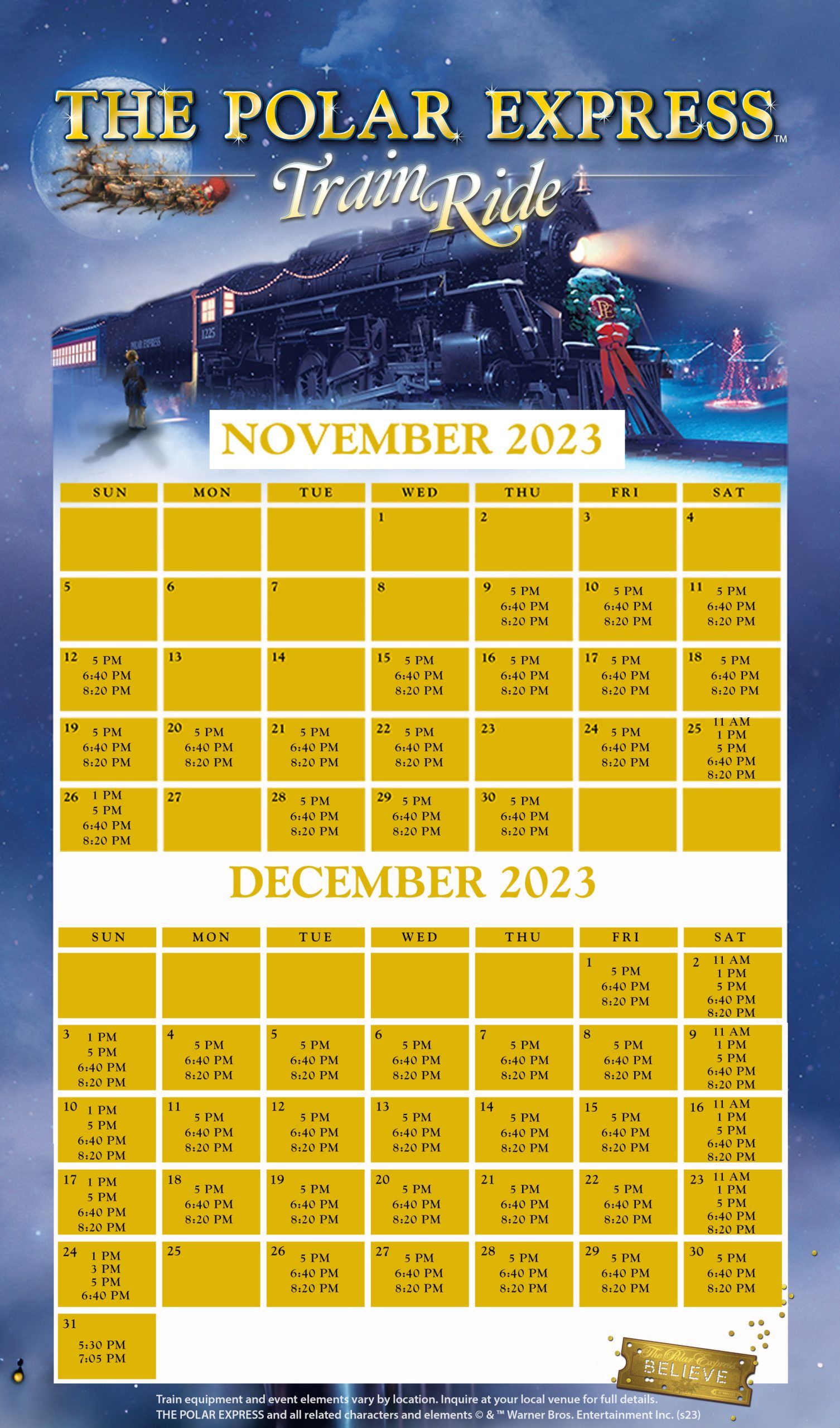 The Polar Express Train Ride 2023 available dates Calendar. On sale now in Bryson City, North Carolina. Santa is waiting.